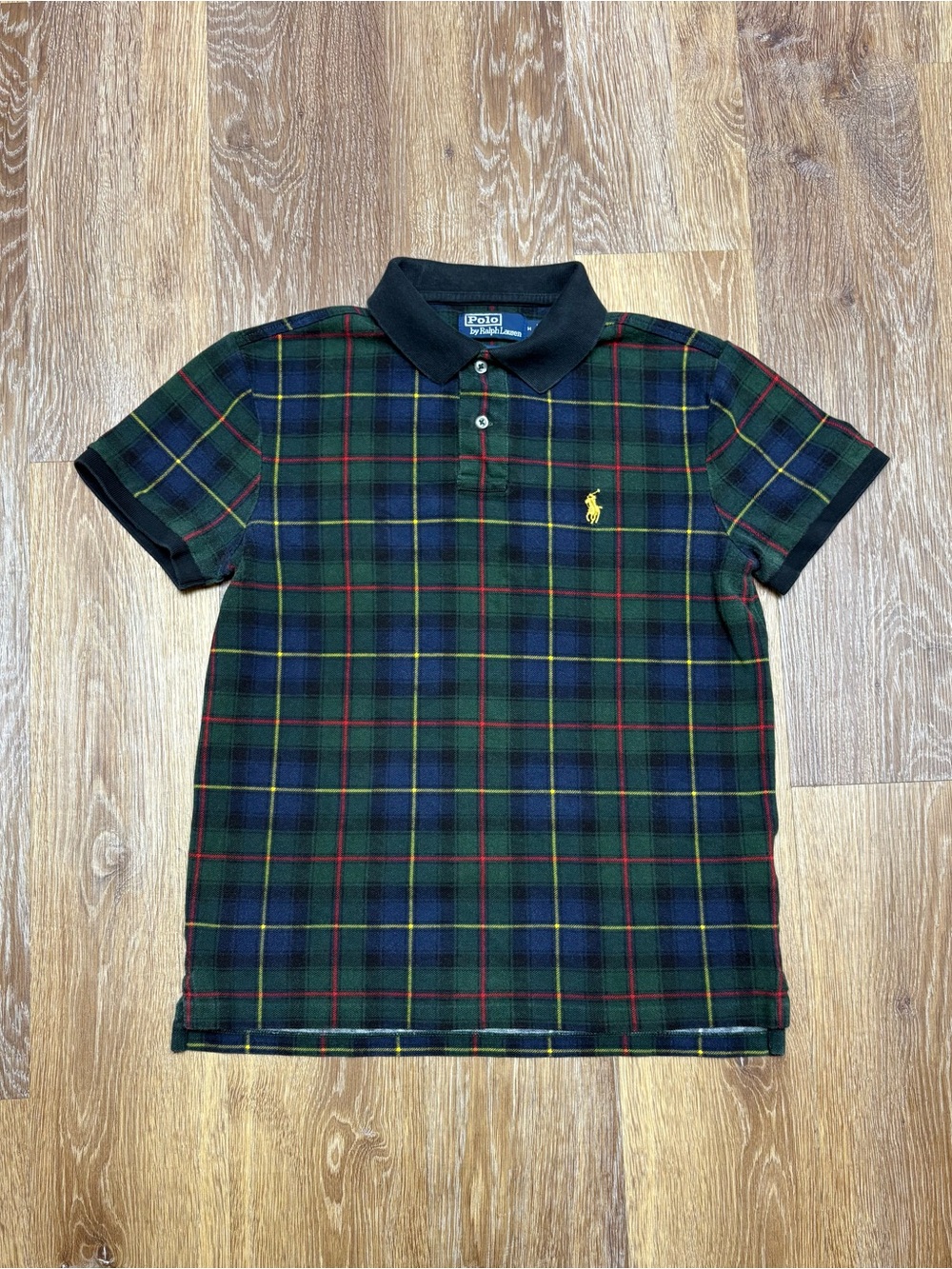 Ralph Lauren Black Collar Green Plaid Polo with Yellow Pony